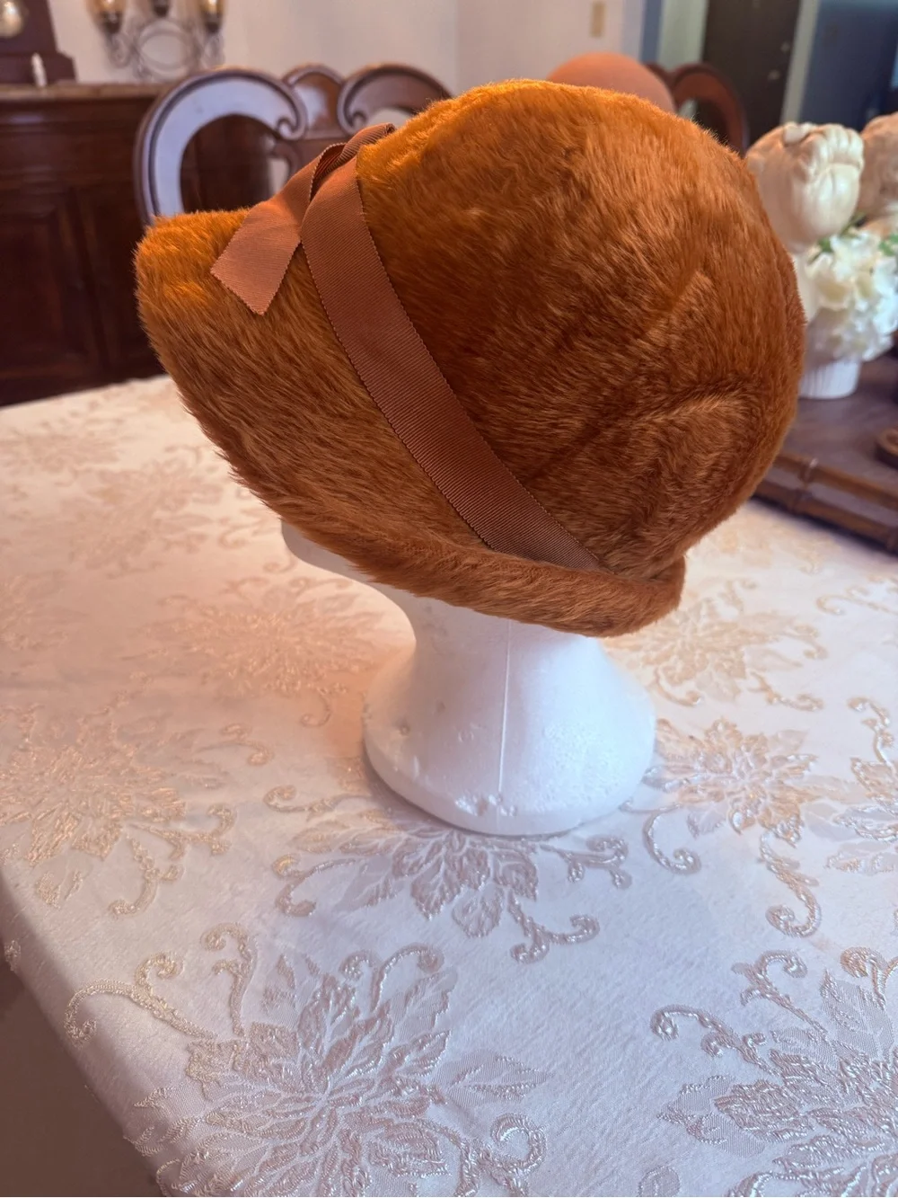 Cozy Faux Fur Bucket Hat with Ribbon Accent - Tan